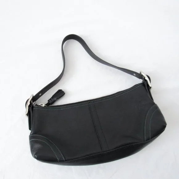 VINTAGE 90S COACH Leather Satchel Mini /Black W/ Green Stitching Chic & Sleek~ - Picture 2 of 11